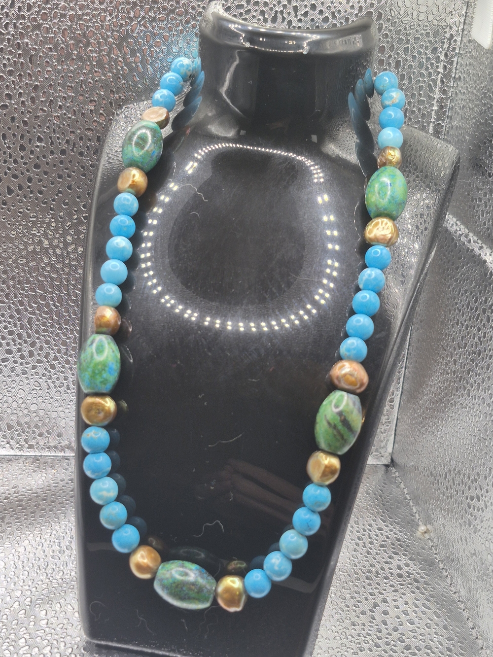 Genuine Blue Magnesite, Brown Pearl And Chrysocolla Jasper Necklace
